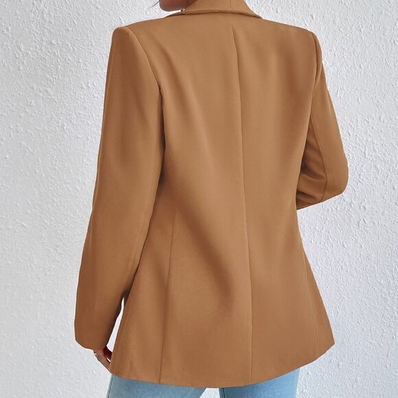 Brown Preppy Womens Solid Shawl Collar Blazer - Picture 2 of 5